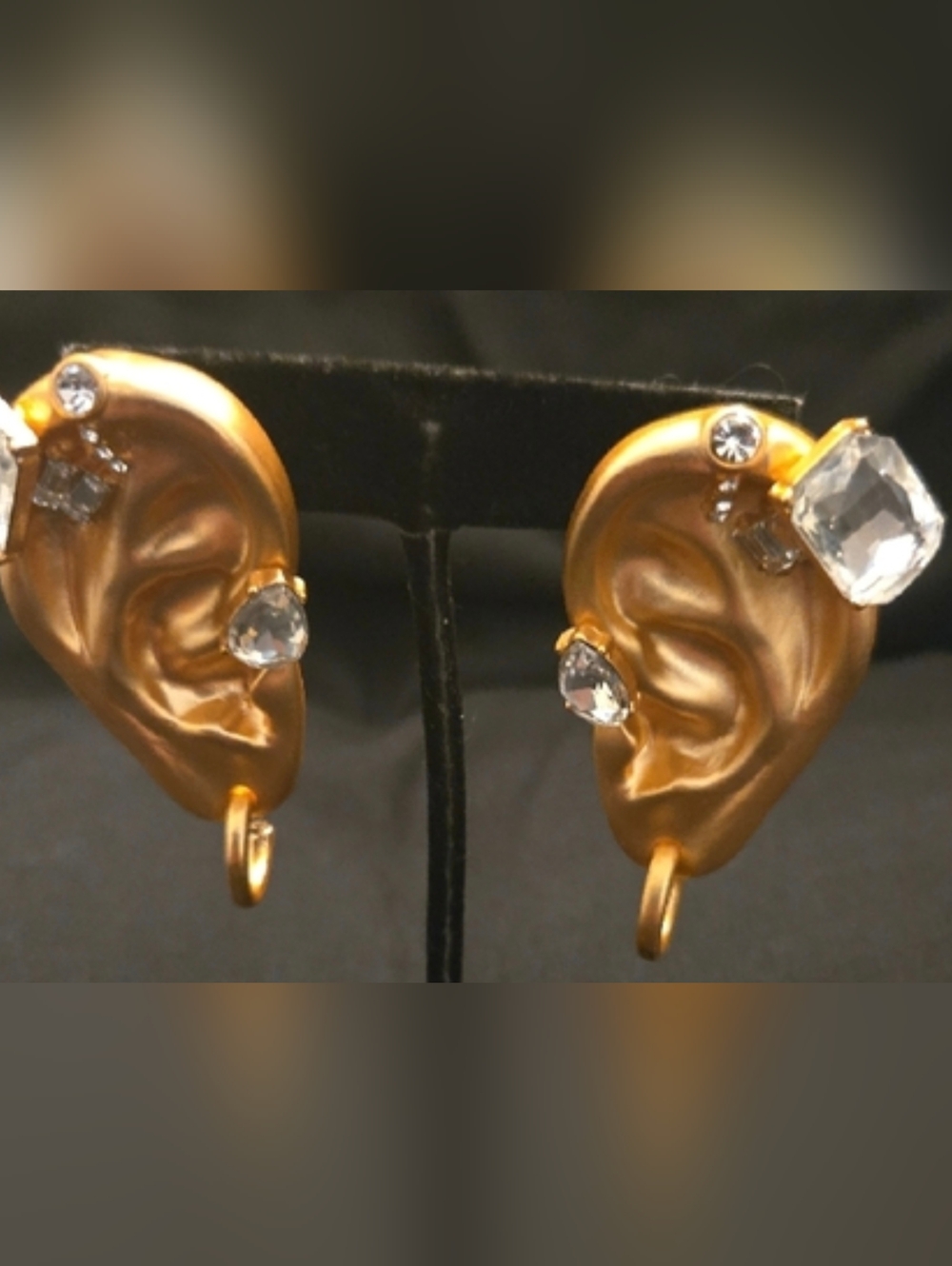 Schiaparelli Inspired Gold Sculptural Ear-Shaped Earrings Clear Crystal Accents